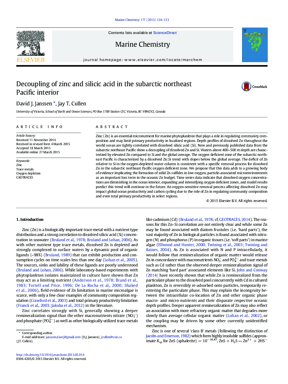 Decoupling of zinc and silicic acid in the subarctic northeast Pacific interior