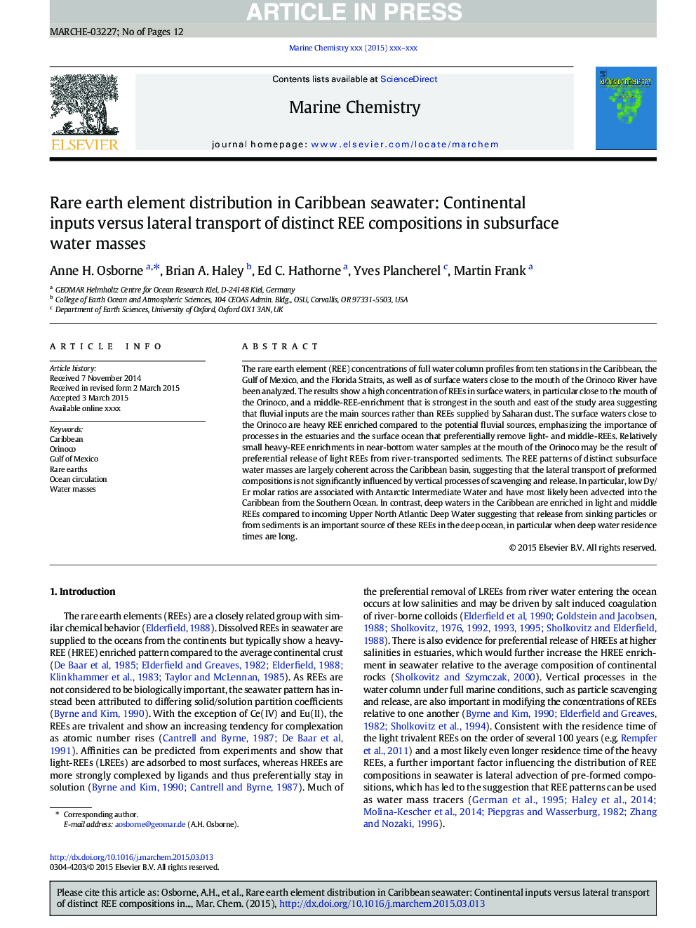 عکس صفحه اول مقاله: Rare earth element distribution in Caribbean seawater: Continental inputs versus lateral transport of distinct REE compositions in subsurface water masses Rare earth element distribution in Caribbean seawater: Continental inputs versus lateral transport of distinct REE compositions in subsurface water masses