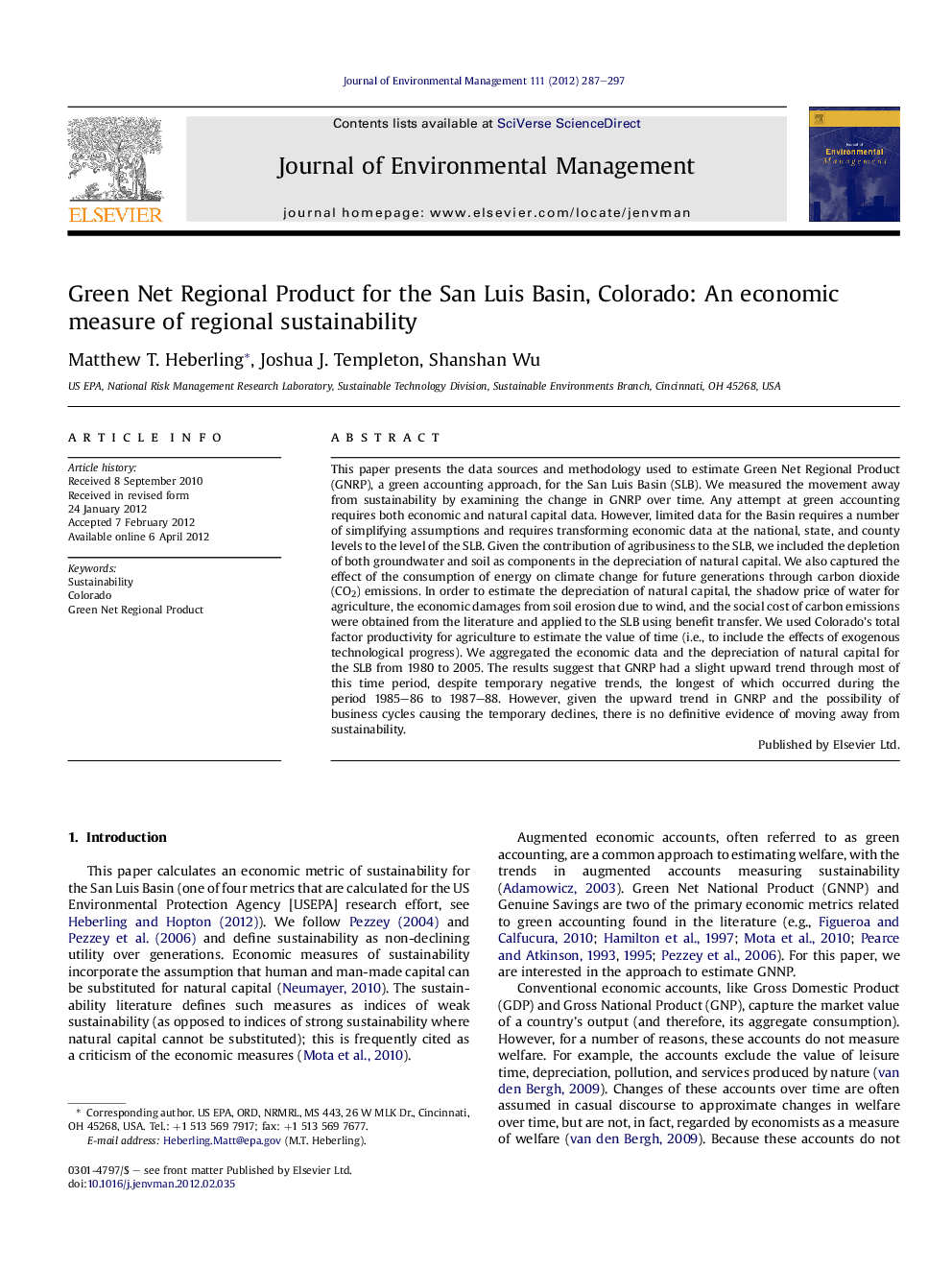 Green Net Regional Product for the San Luis Basin, Colorado: An economic measure of regional sustainability