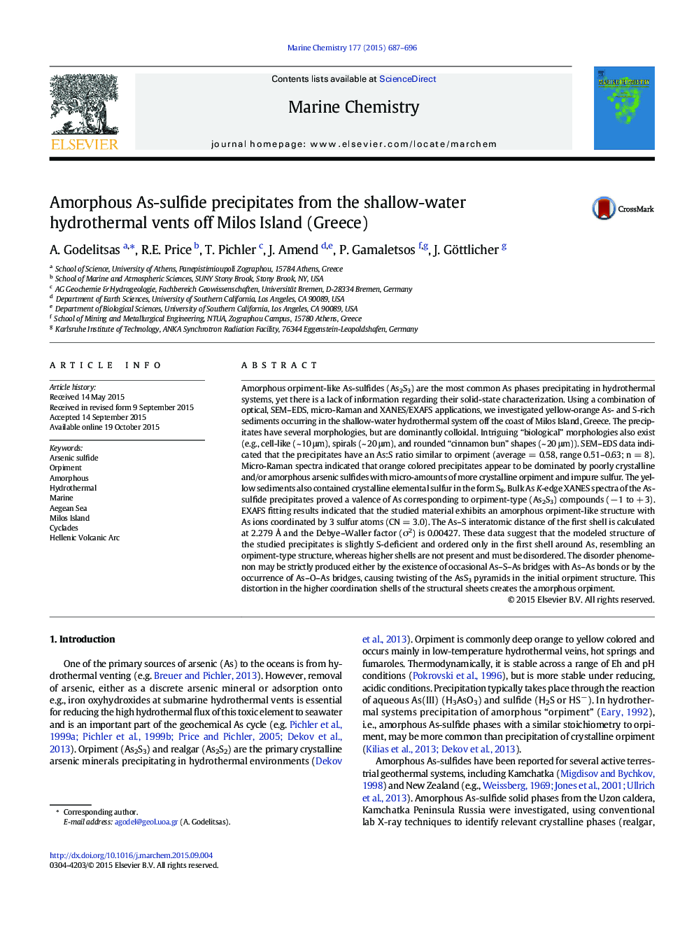 Amorphous As-sulfide precipitates from the shallow-water hydrothermal vents off Milos Island (Greece)