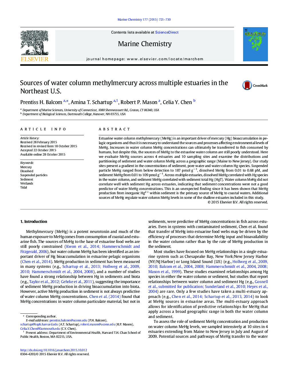 Sources of water column methylmercury across multiple estuaries in the Northeast U.S.