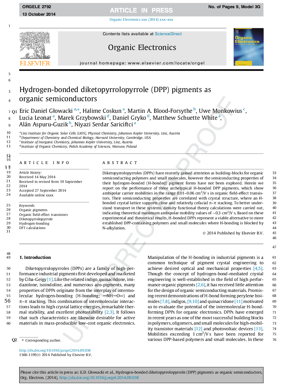 Hydrogen-bonded diketopyrrolopyrrole (DPP) pigments as organic semiconductors