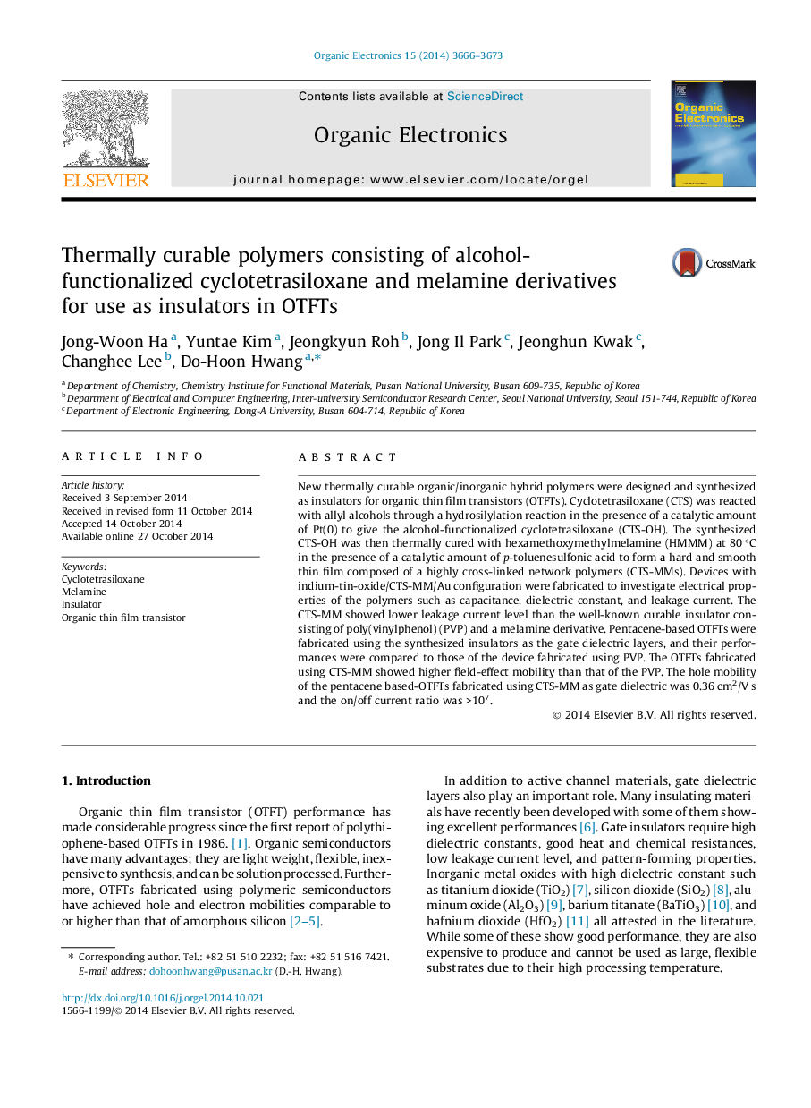 Thermally curable polymers consisting of alcohol-functionalized cyclotetrasiloxane and melamine derivatives for use as insulators in OTFTs