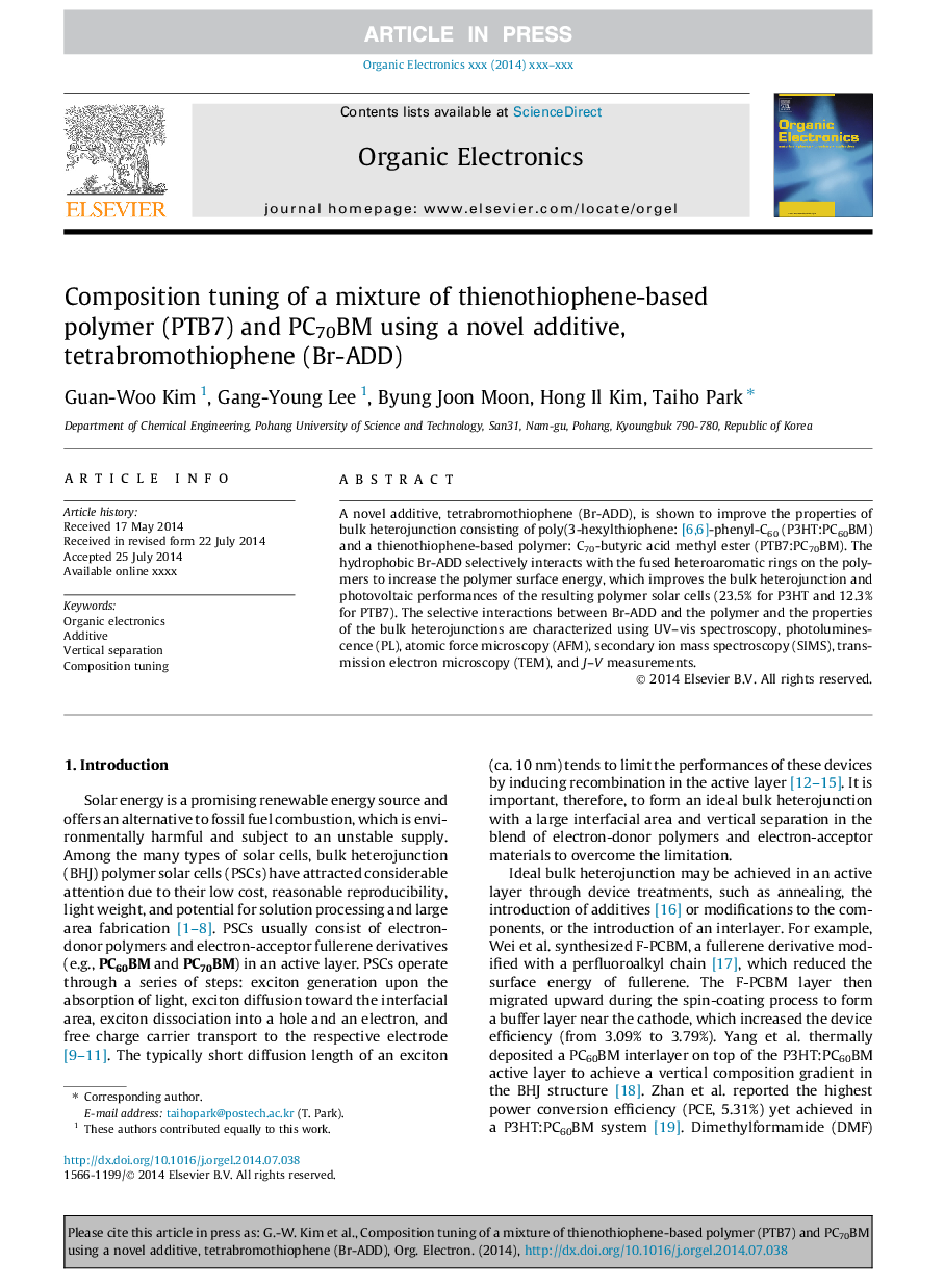 Composition tuning of a mixture of thienothiophene-based polymer (PTB7) and PC70BM using a novel additive, tetrabromothiophene (Br-ADD)