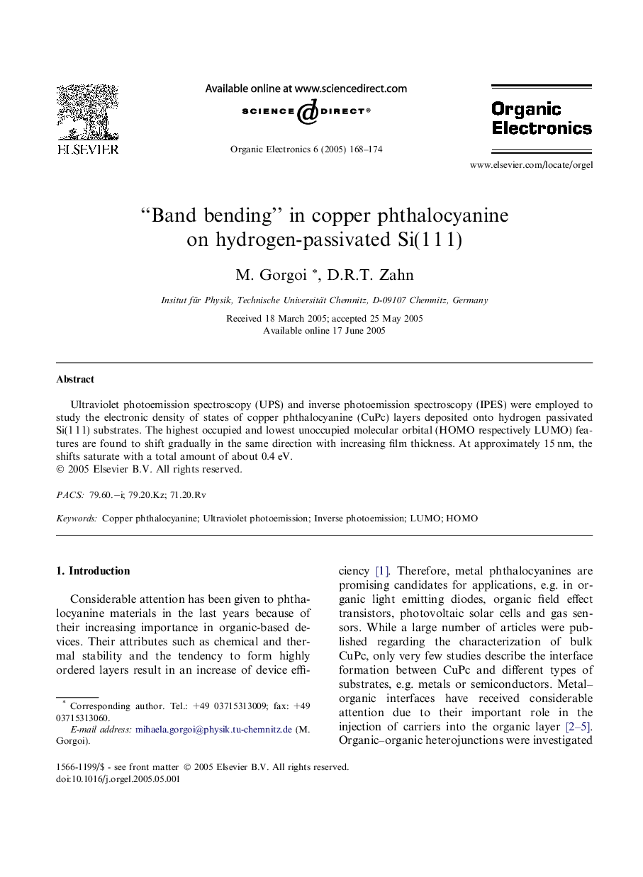 “Band bending” in copper phthalocyanine on hydrogen-passivated Si(1Â 1Â 1)