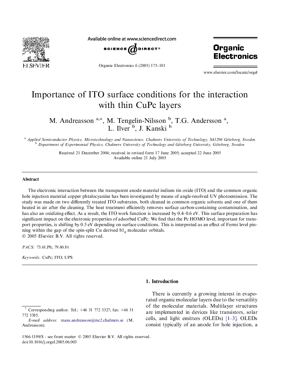 Importance of ITO surface conditions for the interaction with thin CuPc layers