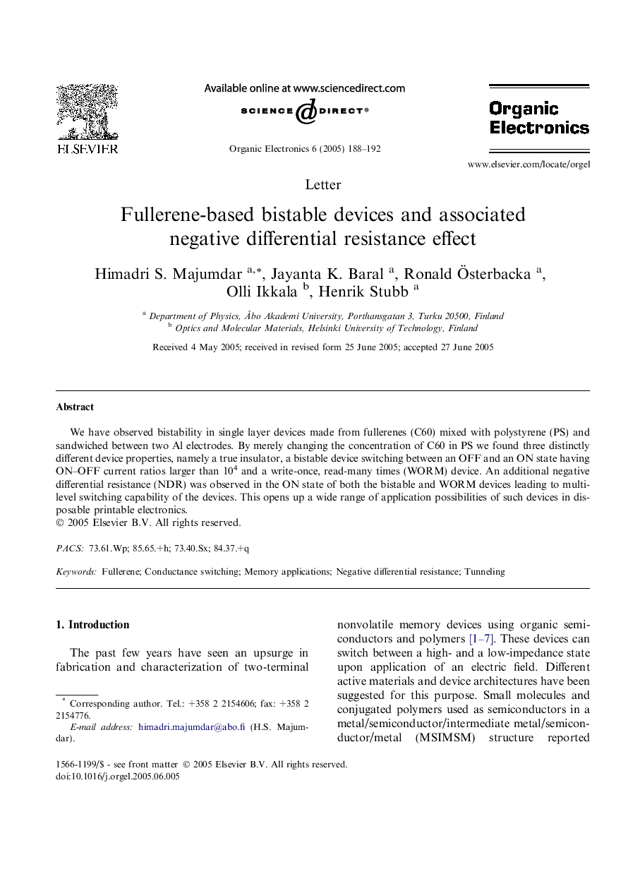 Fullerene-based bistable devices and associated negative differential resistance effect