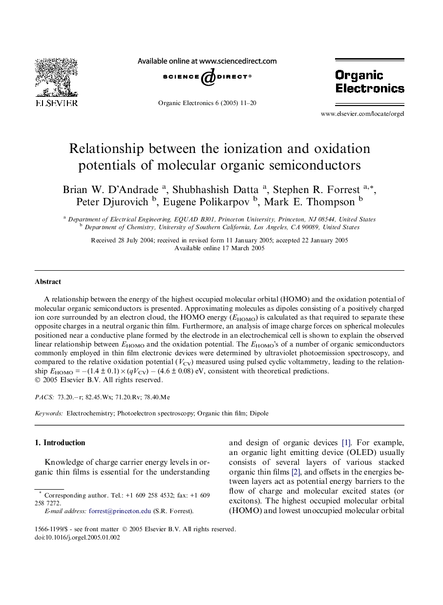 Relationship between the ionization and oxidation potentials of molecular organic semiconductors