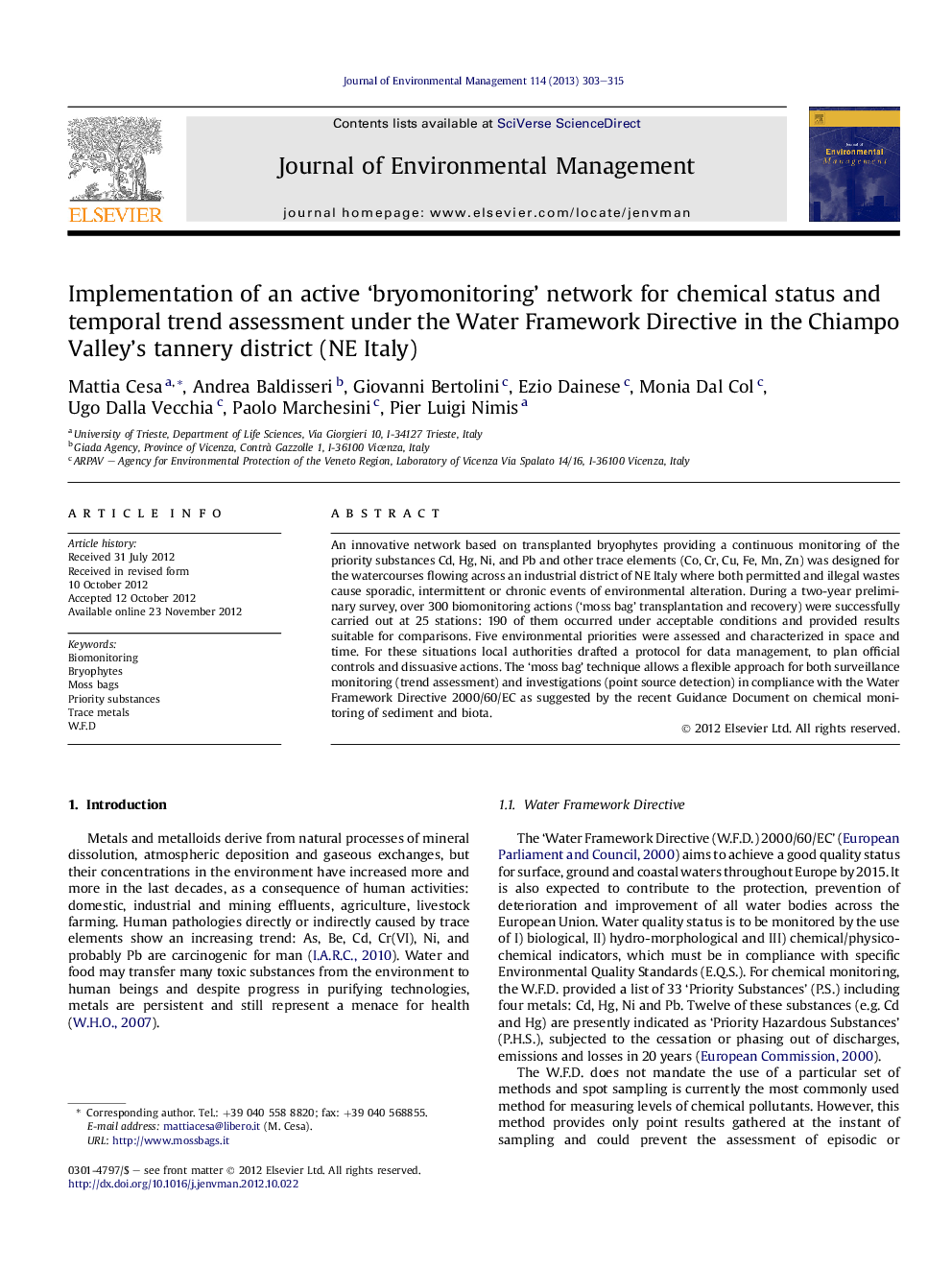 Implementation of an active 'bryomonitoring' network for chemical status and temporal trend assessment under the Water Framework Directive in the Chiampo Valley's tannery district (NE Italy)