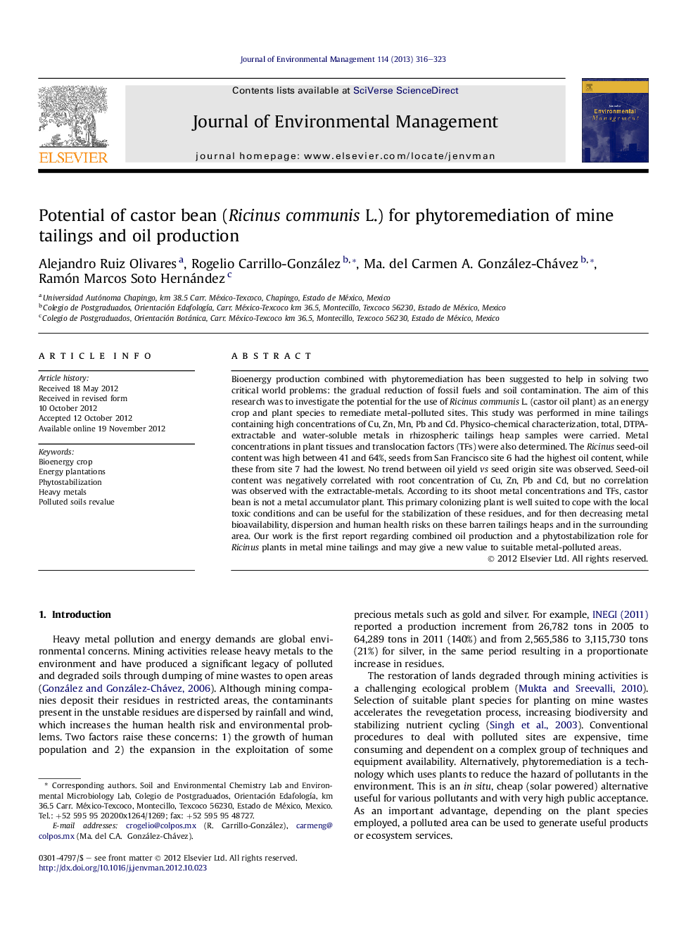 Potential of castor bean (Ricinus communis L.) for phytoremediation of mine tailings and oil production