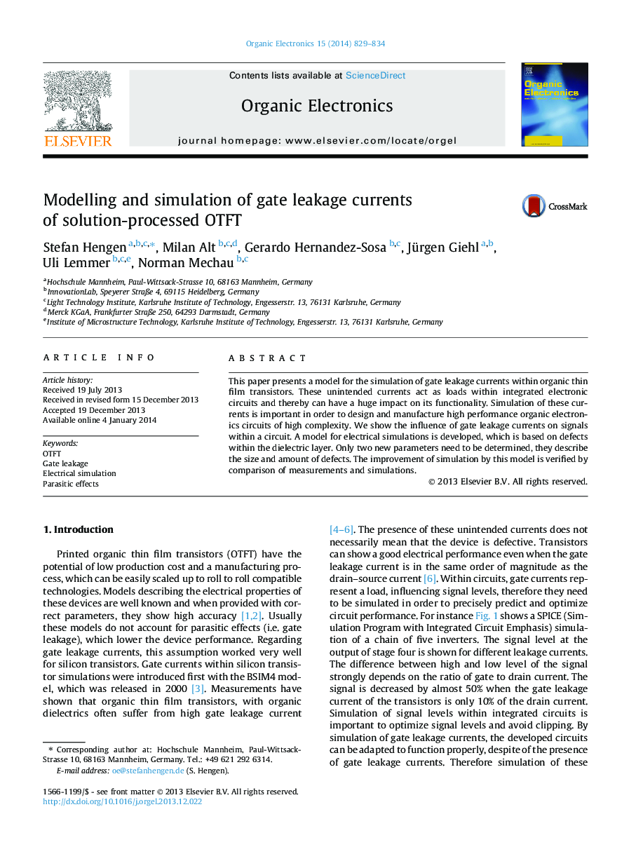 Modelling and simulation of gate leakage currents of solution-processed OTFT