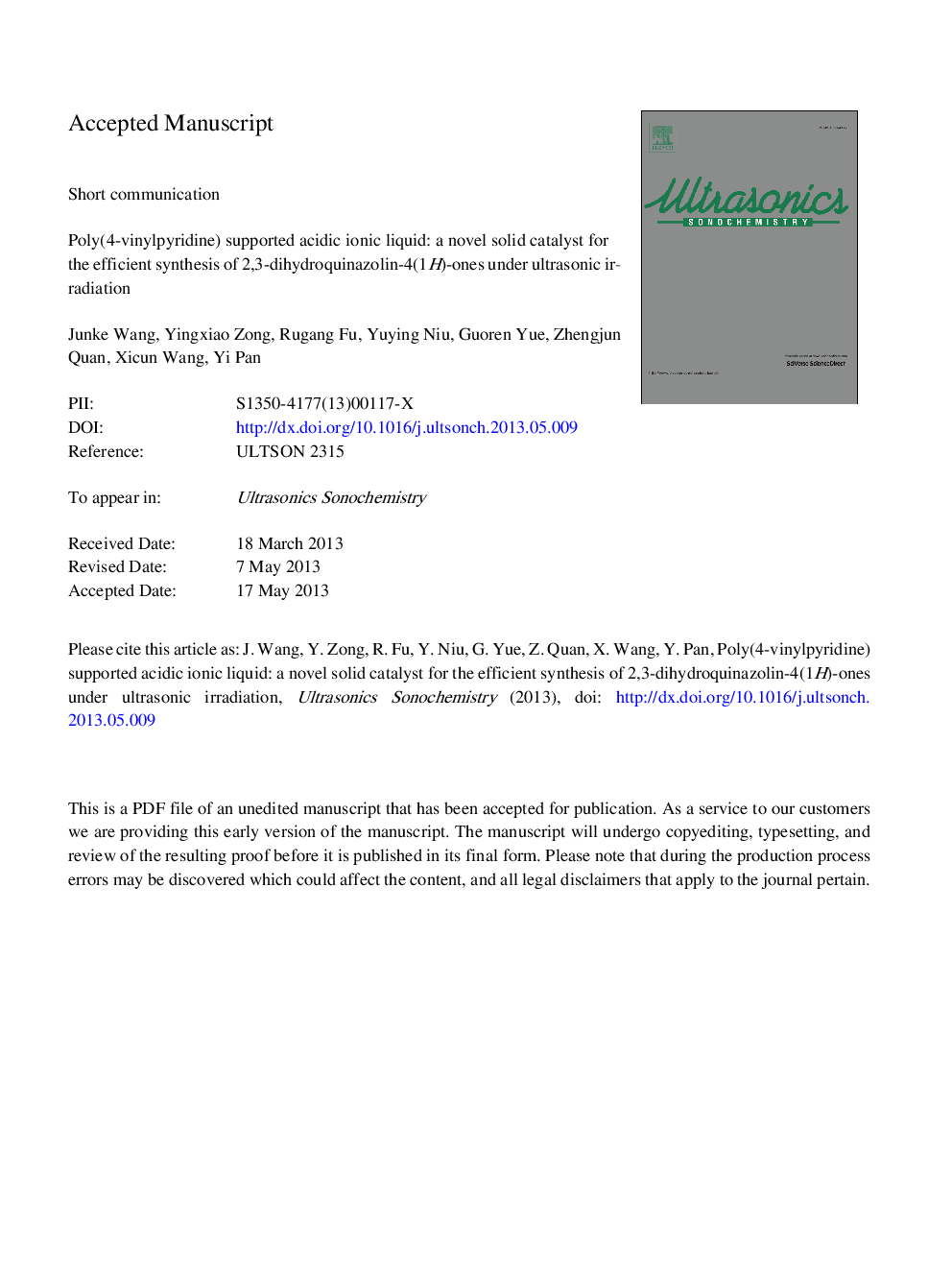 Poly(4-vinylpyridine) supported acidic ionic liquid: A novel solid catalyst for the efficient synthesis of 2,3-dihydroquinazolin-4(1H)-ones under ultrasonic irradiation