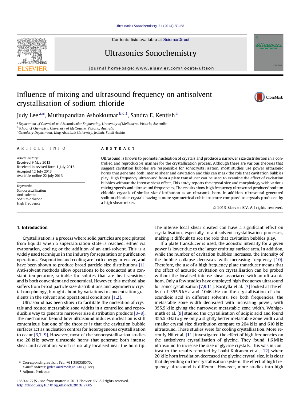 Influence of mixing and ultrasound frequency on antisolvent crystallisation of sodium chloride