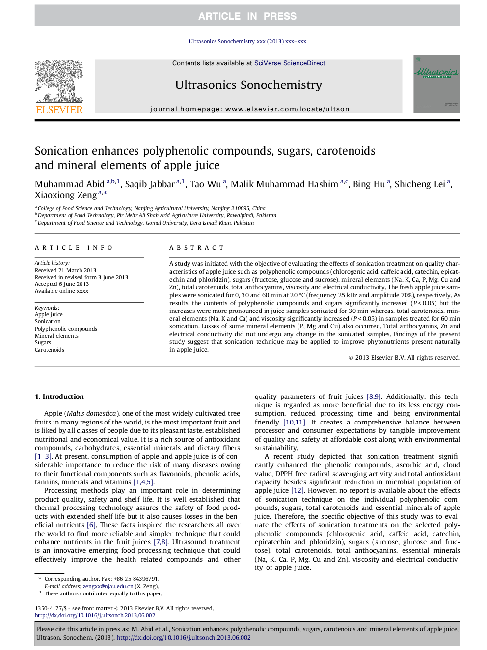 Sonication enhances polyphenolic compounds, sugars, carotenoids and mineral elements of apple juice