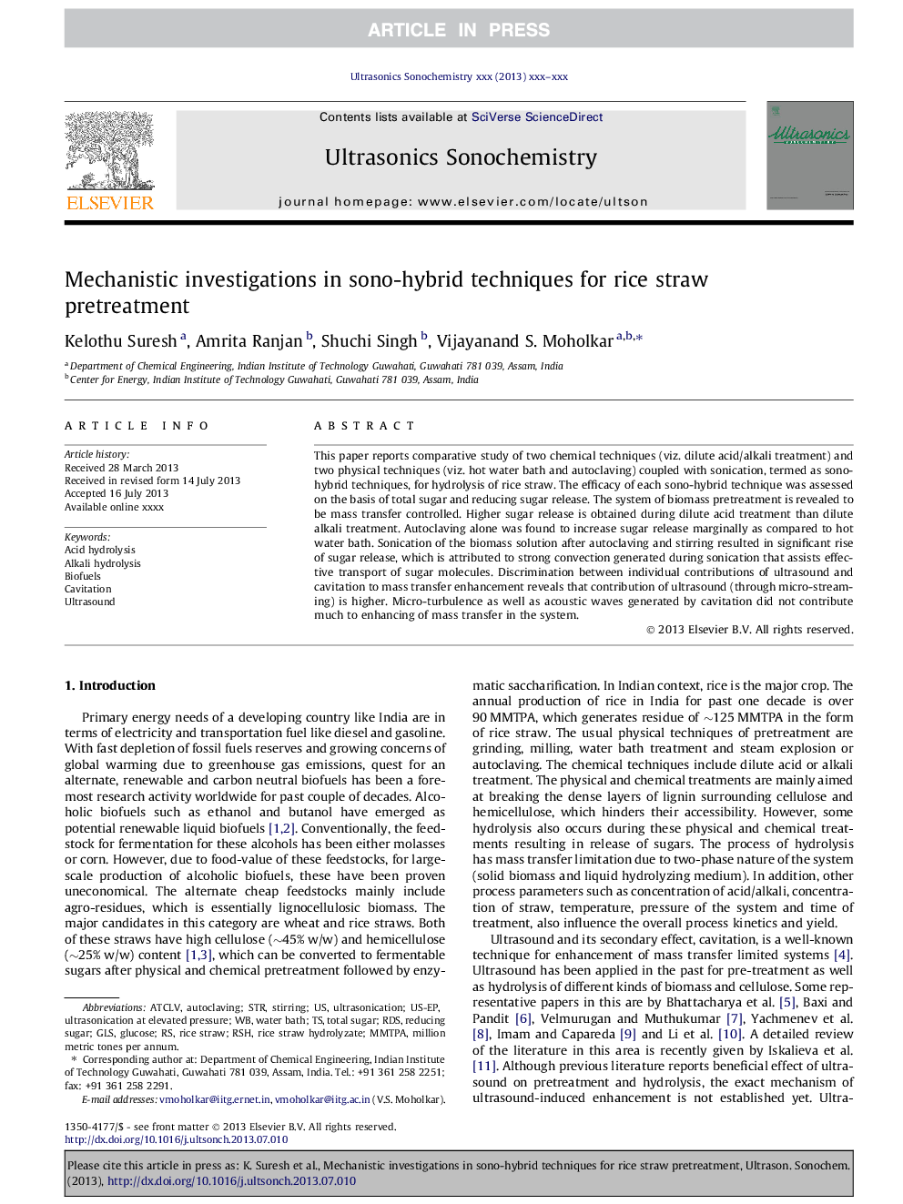 Mechanistic investigations in sono-hybrid techniques for rice straw pretreatment