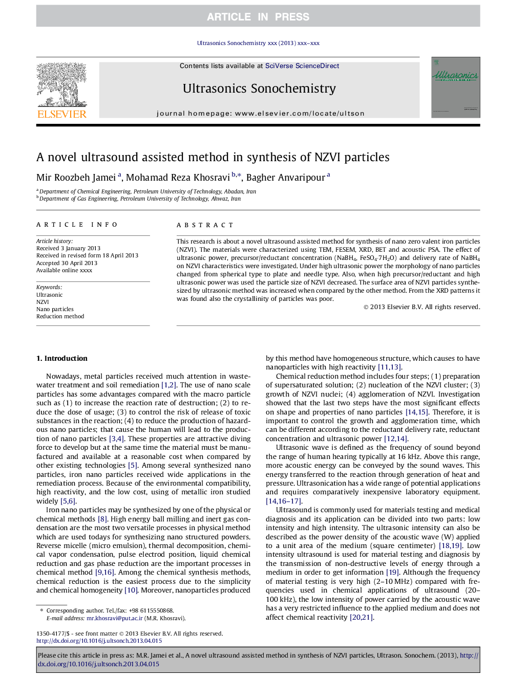 A novel ultrasound assisted method in synthesis of NZVI particles