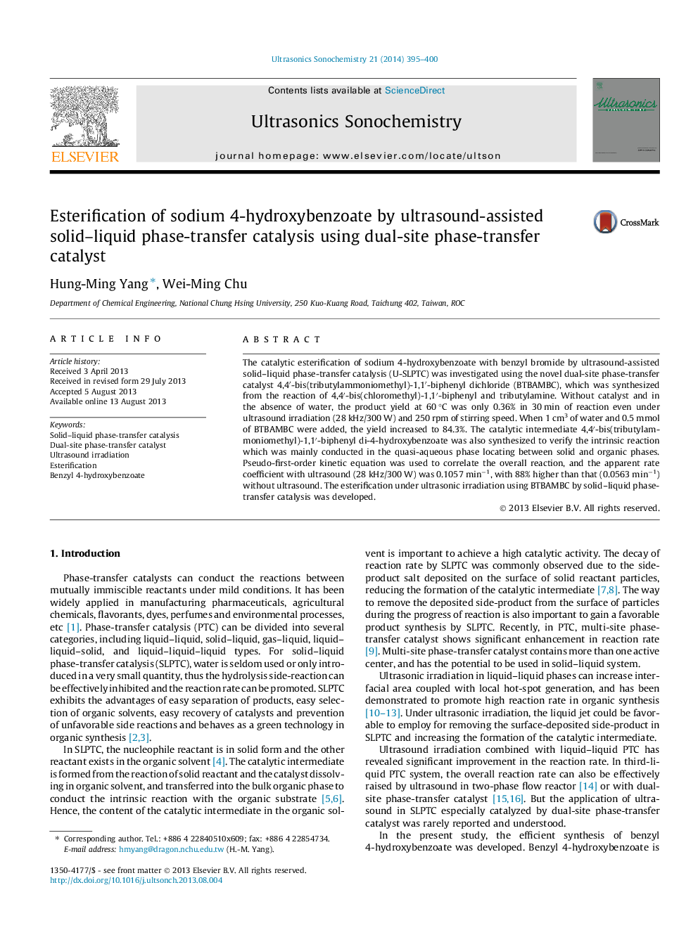 Esterification of sodium 4-hydroxybenzoate by ultrasound-assisted solid-liquid phase-transfer catalysis using dual-site phase-transfer catalyst