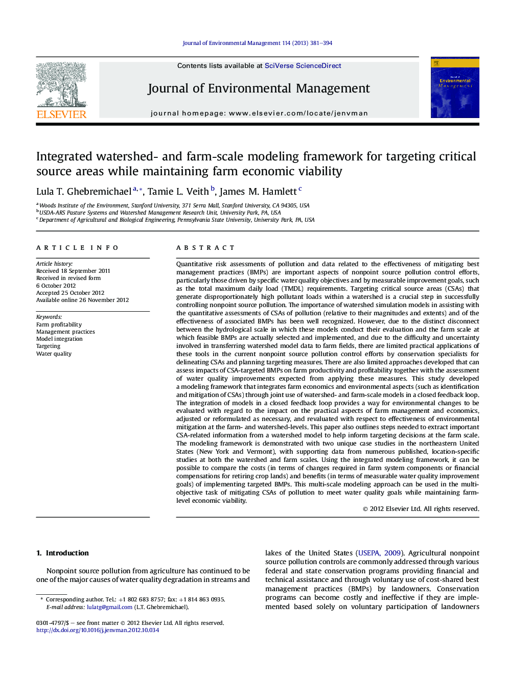 Integrated watershed- and farm-scale modeling framework for targeting critical source areas while maintaining farm economic viability