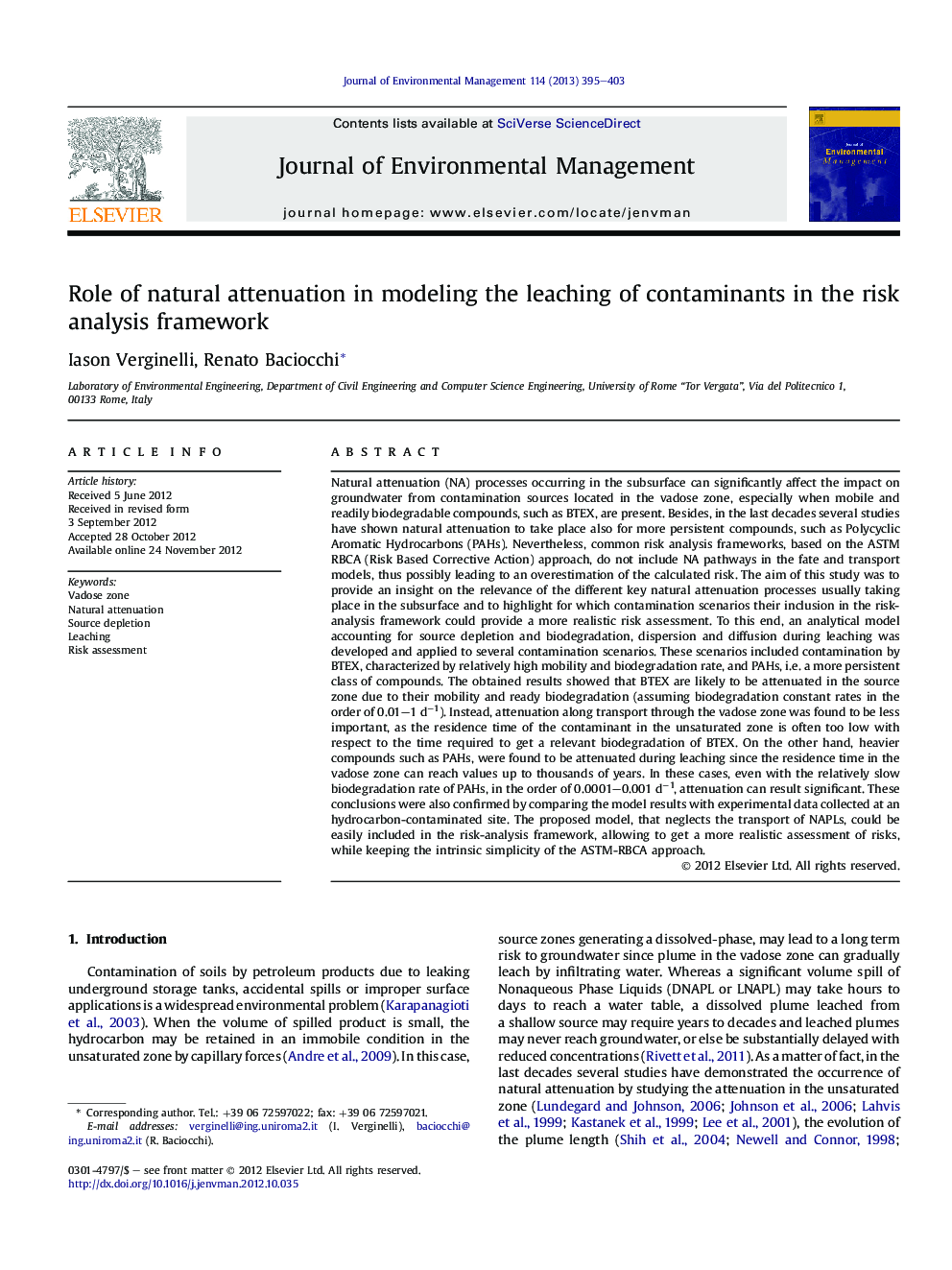 Role of natural attenuation in modeling the leaching of contaminants in the risk analysis framework