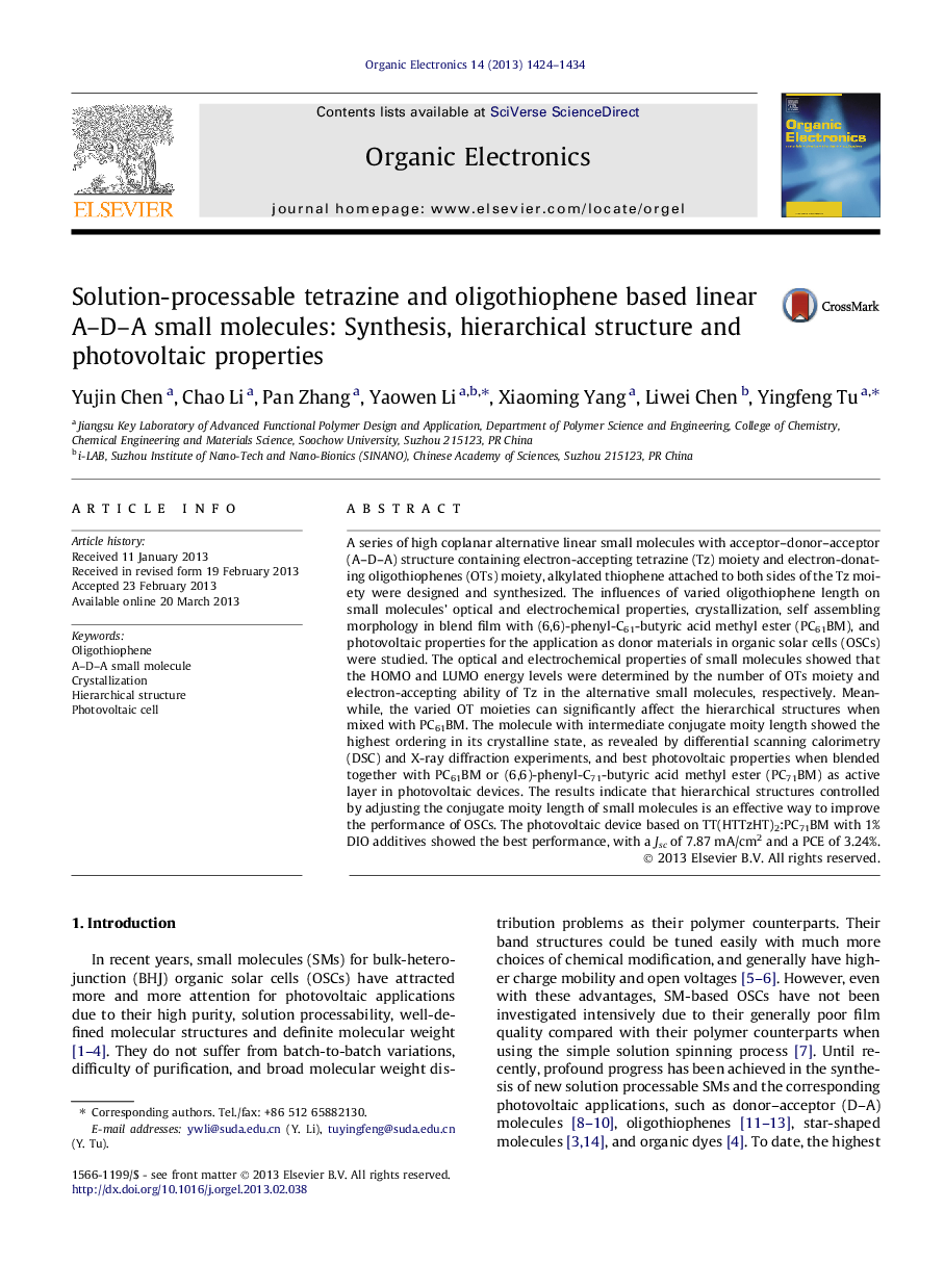 Solution-processable tetrazine and oligothiophene based linear A-D-A small molecules: Synthesis, hierarchical structure and photovoltaic properties