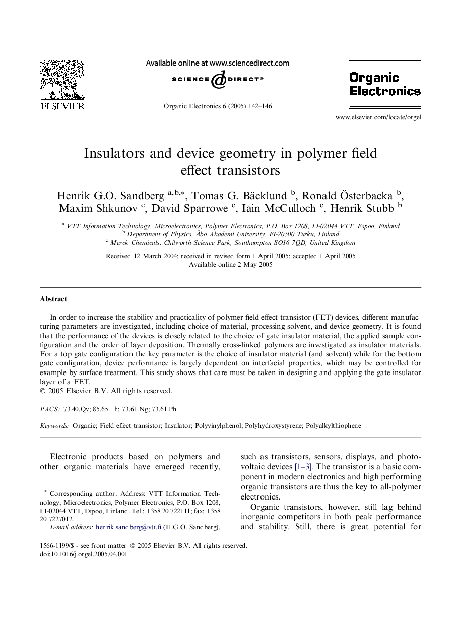 Insulators and device geometry in polymer field effect transistors