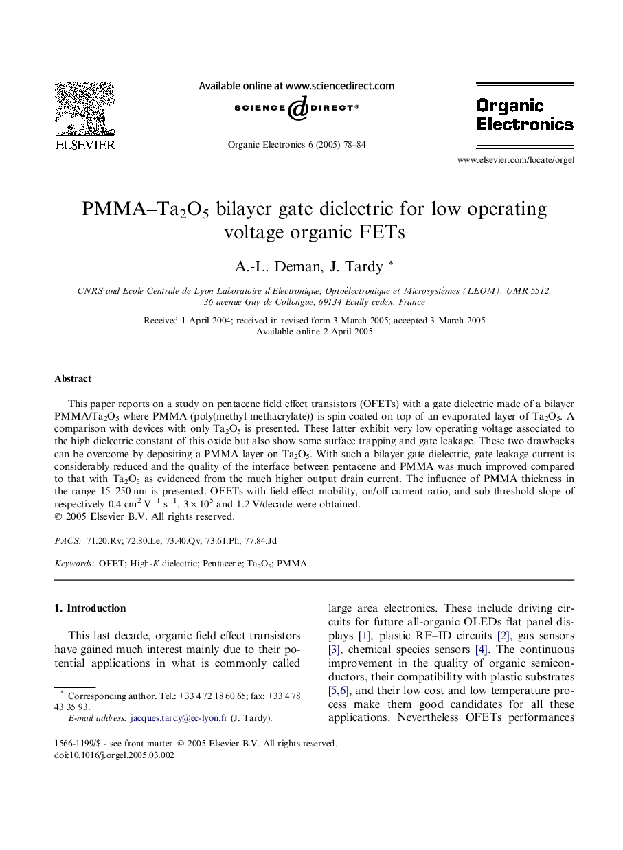 PMMA-Ta2O5 bilayer gate dielectric for low operating voltage organic FETs