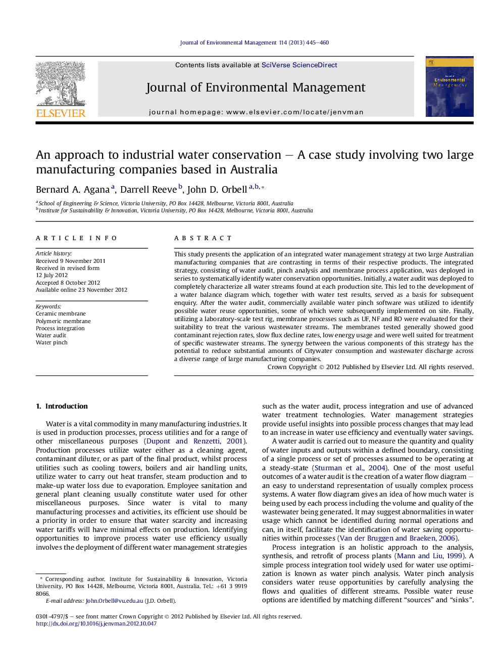 An approach to industrial water conservation – A case study involving two large manufacturing companies based in Australia