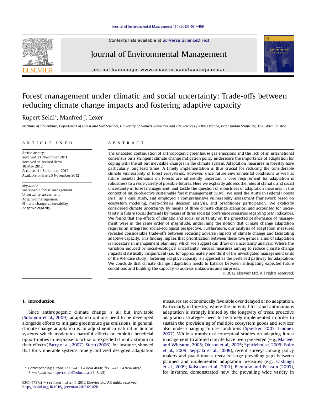 Forest management under climatic and social uncertainty: Trade-offs between reducing climate change impacts and fostering adaptive capacity