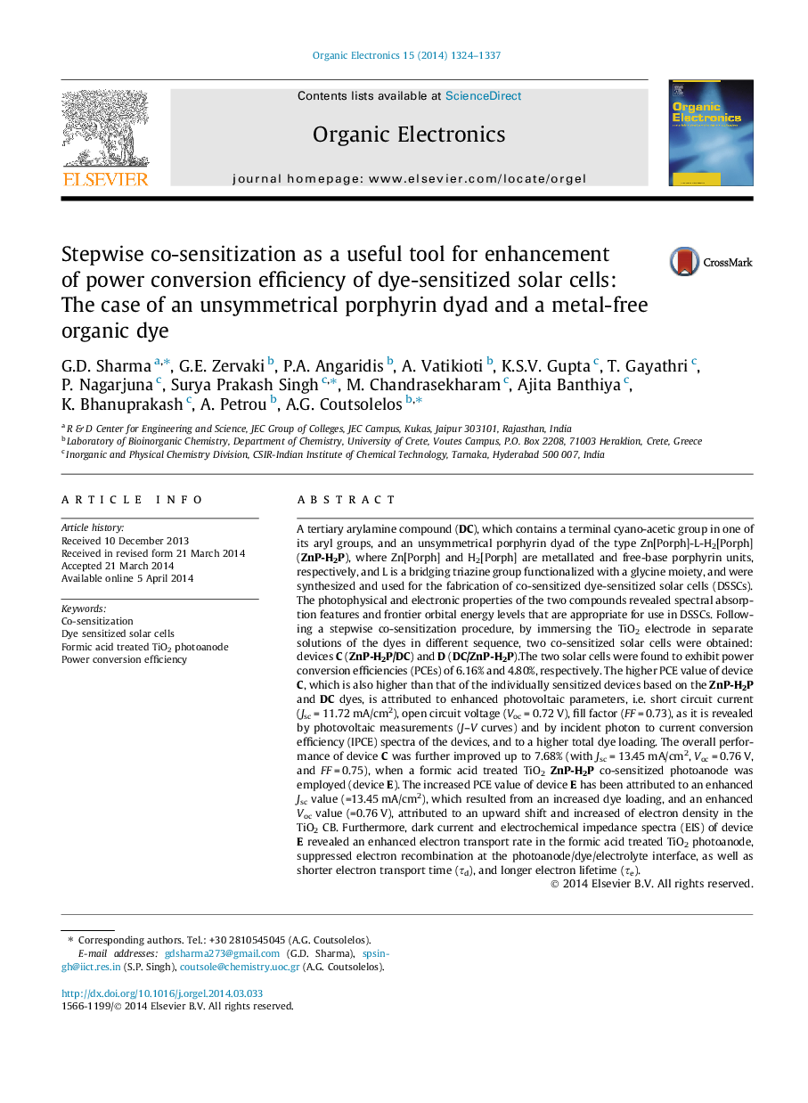 عکس صفحه اول مقاله: Stepwise co-sensitization as a useful tool for enhancement of power conversion efficiency of dye-sensitized solar cells: The case of an unsymmetrical porphyrin dyad and a metal-free organic dye Stepwise co-sensitization as a useful tool for enhancement of power conversion efficiency of dye-sensitized solar cells: The case of an unsymmetrical porphyrin dyad and a metal-free organic dye