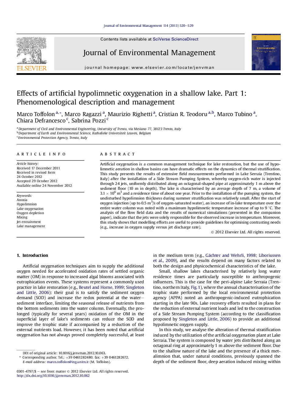 Effects of artificial hypolimnetic oxygenation in a shallow lake. Part 1: Phenomenological description and management