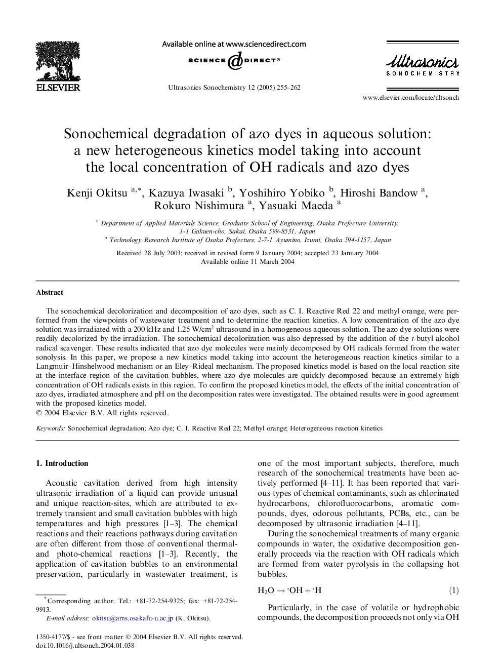 Sonochemical degradation of azo dyes in aqueous solution: a new heterogeneous kinetics model taking into account the local concentration of OH radicals and azo dyes