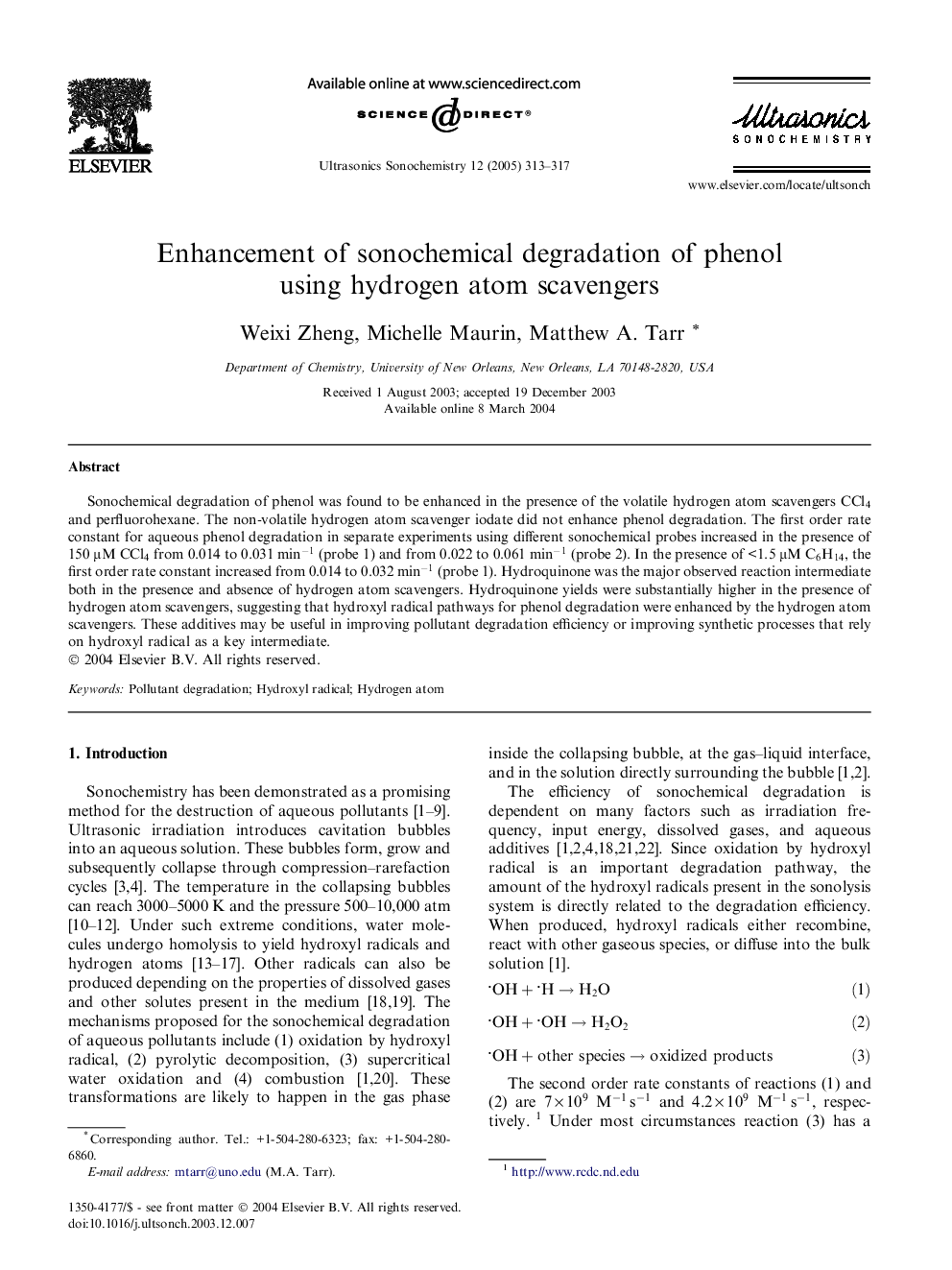 Enhancement of sonochemical degradation of phenol using hydrogen atom scavengers