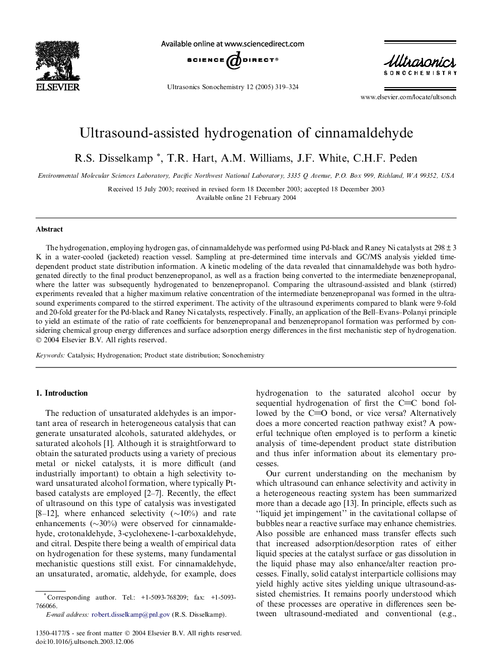 Ultrasound-assisted hydrogenation of cinnamaldehyde