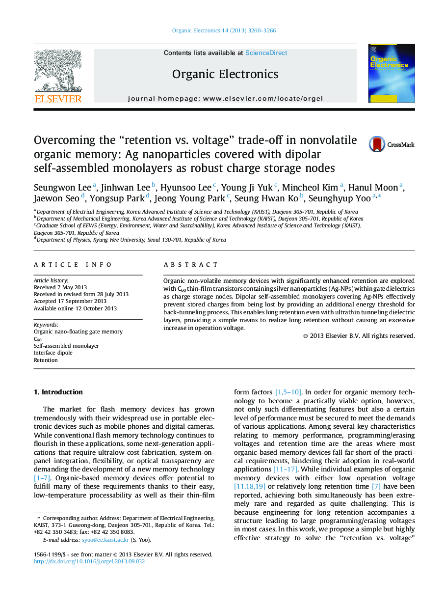 Overcoming the “retention vs. voltage” trade-off in nonvolatile organic memory: Ag nanoparticles covered with dipolar self-assembled monolayers as robust charge storage nodes