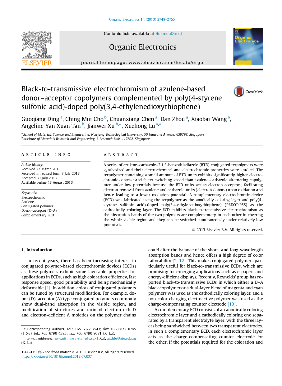 عکس صفحه اول مقاله: Black-to-transmissive electrochromism of azulene-based donor-acceptor copolymers complemented by poly(4-styrene sulfonic acid)-doped poly(3,4-ethylenedioxythiophene) Black-to-transmissive electrochromism of azulene-based donor-acceptor copolymers complemented by poly(4-styrene sulfonic acid)-doped poly(3,4-ethylenedioxythiophene)