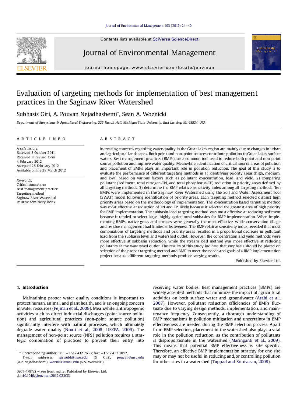 Evaluation of targeting methods for implementation of best management practices in the Saginaw River Watershed