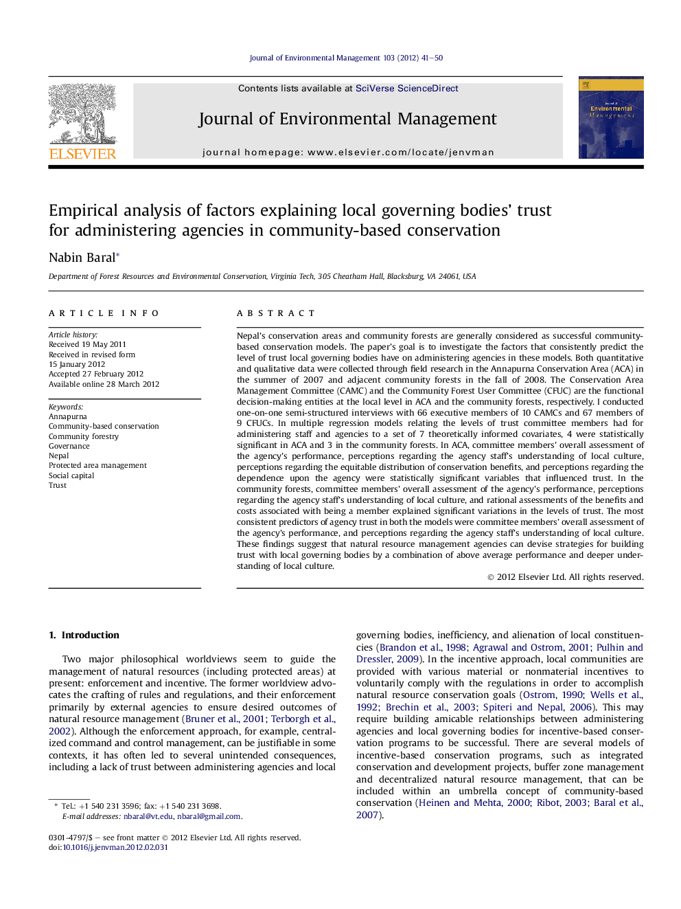 Empirical analysis of factors explaining local governing bodies’ trust for administering agencies in community-based conservation