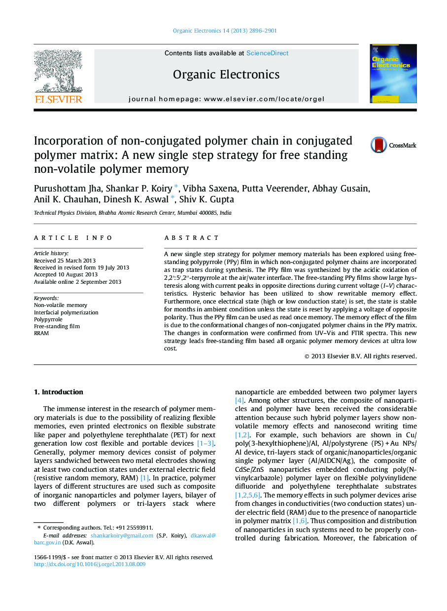 Incorporation of non-conjugated polymer chain in conjugated polymer matrix: A new single step strategy for free standing non-volatile polymer memory