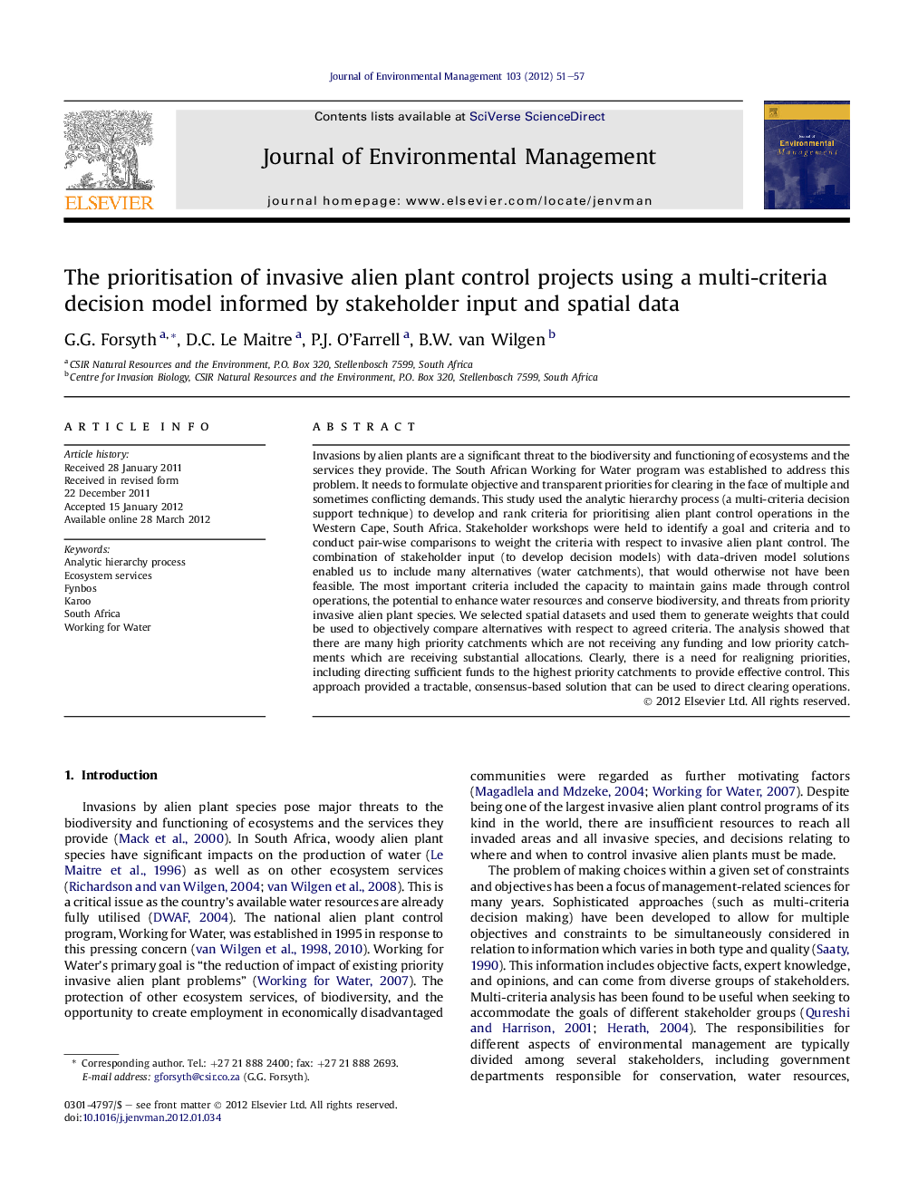 The prioritisation of invasive alien plant control projects using a multi-criteria decision model informed by stakeholder input and spatial data