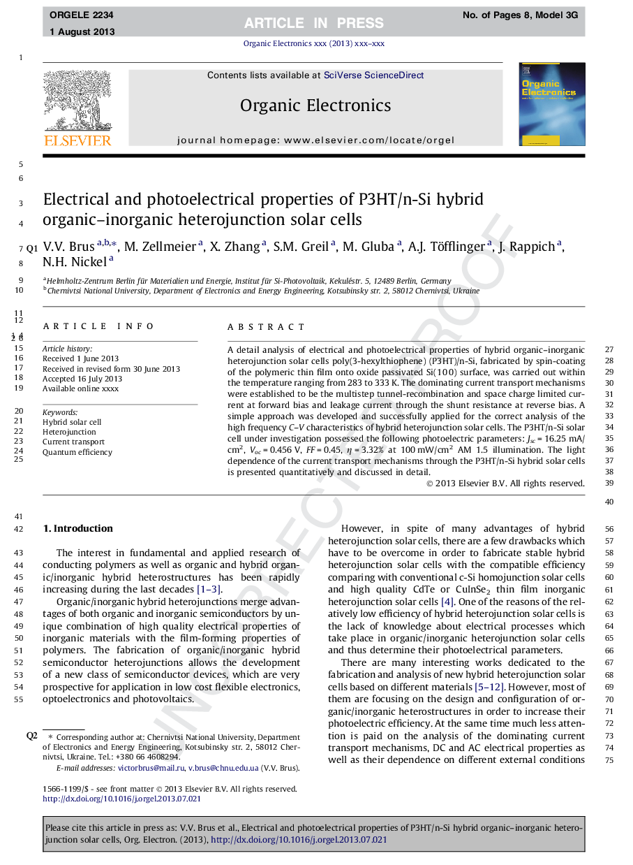 Electrical and photoelectrical properties of P3HT/n-Si hybrid organic-inorganic heterojunction solar cells