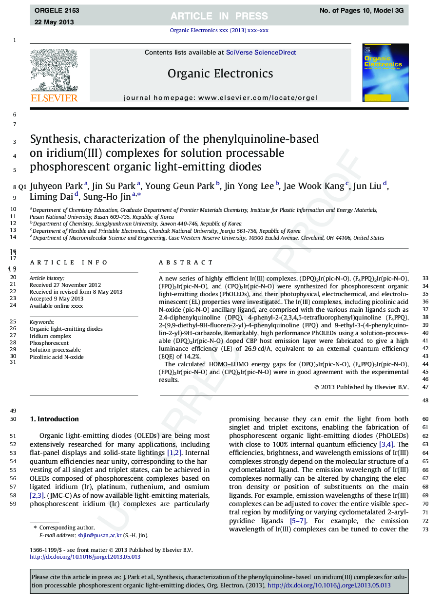 Synthesis, characterization of the phenylquinoline-based on iridium(III) complexes for solution processable phosphorescent organic light-emitting diodes
