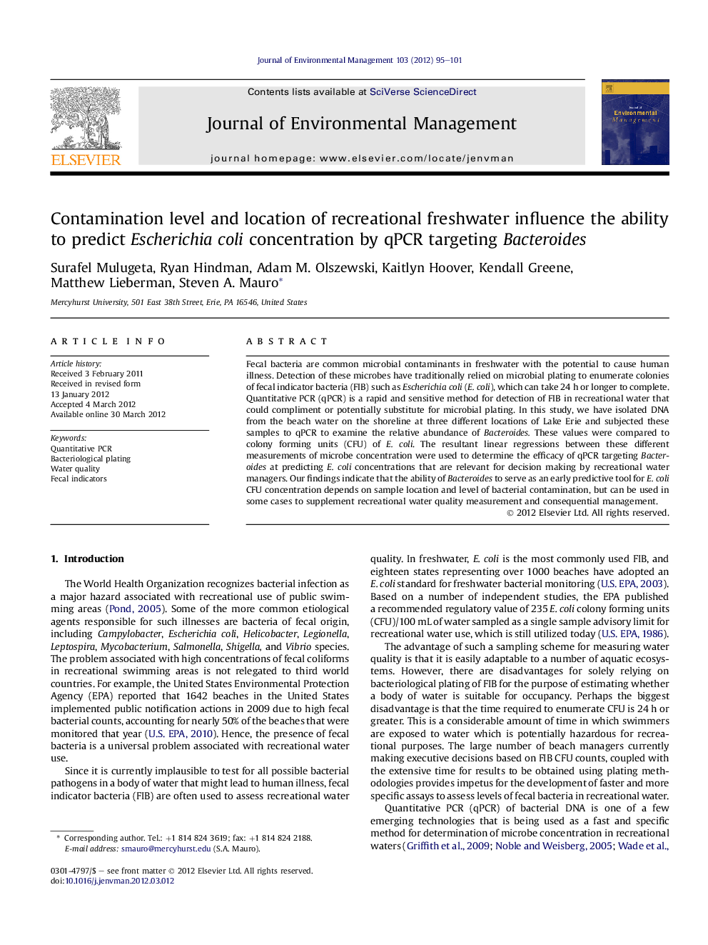 Contamination level and location of recreational freshwater influence the ability to predict Escherichia coli concentration by qPCR targeting Bacteroides