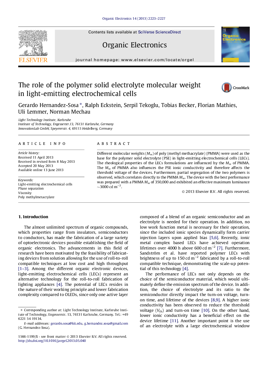 The role of the polymer solid electrolyte molecular weight in light-emitting electrochemical cells