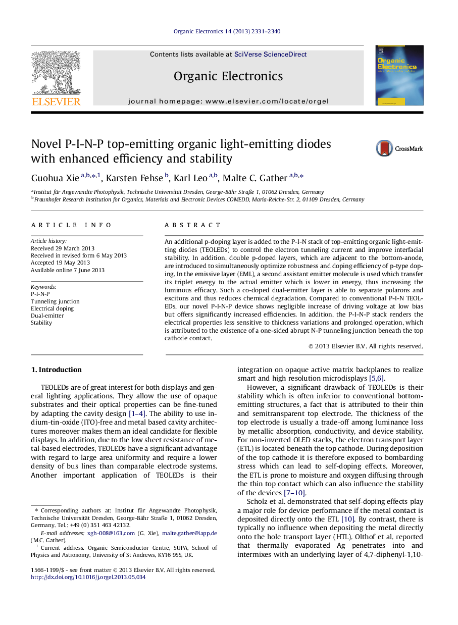 Novel P-I-N-P top-emitting organic light-emitting diodes with enhanced efficiency and stability