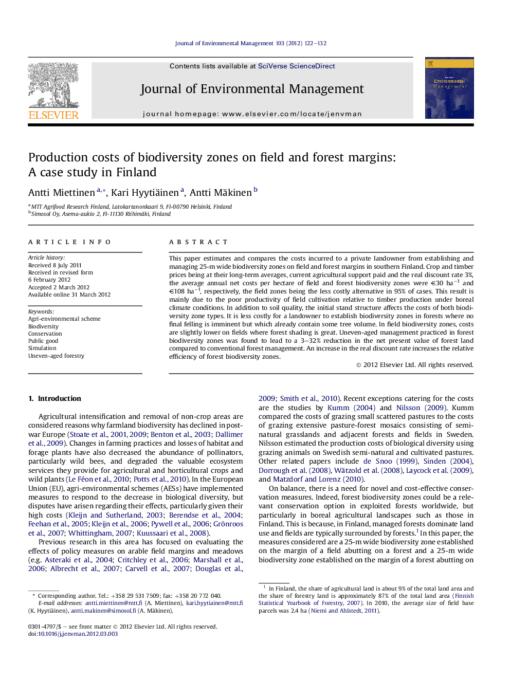 Production costs of biodiversity zones on field and forest margins: A case study in Finland