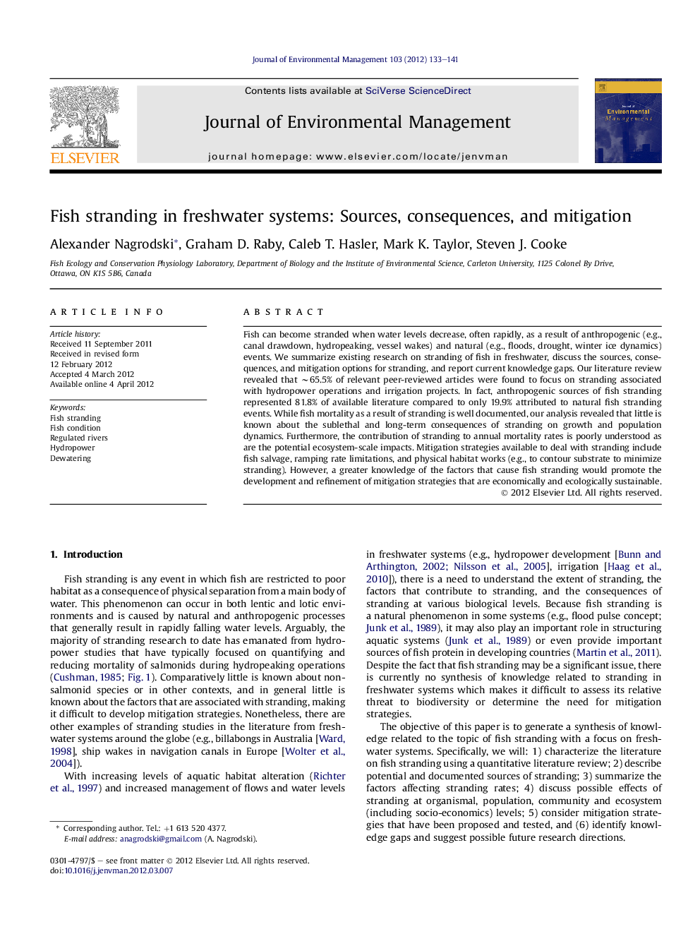 Fish stranding in freshwater systems: Sources, consequences, and mitigation