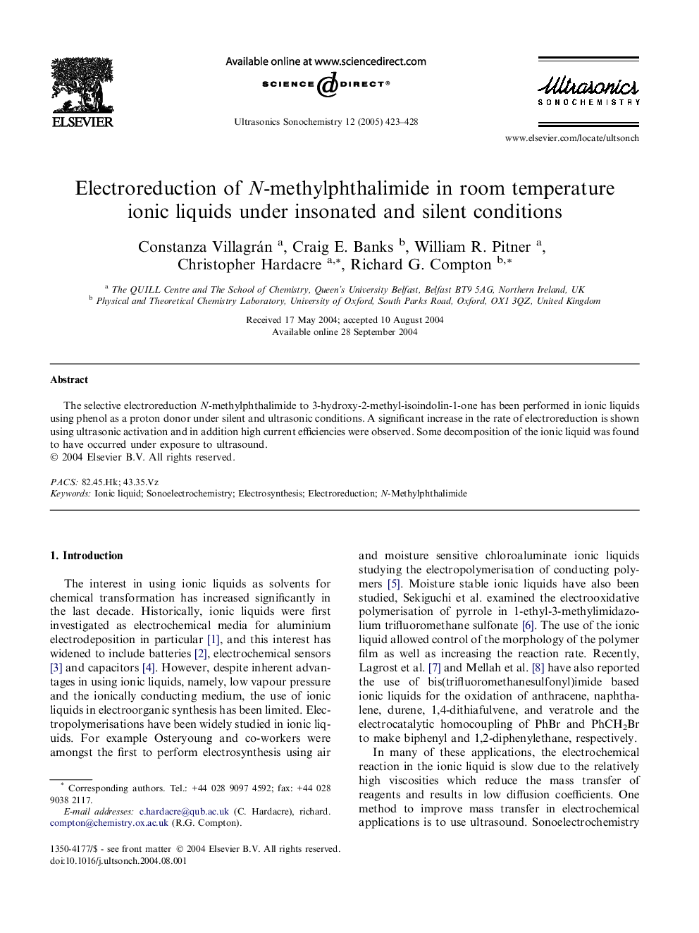 عکس صفحه اول مقاله: Electroreduction of N-methylphthalimide in room temperature ionic liquids under insonated and silent conditions Electroreduction of N-methylphthalimide in room temperature ionic liquids under insonated and silent conditions