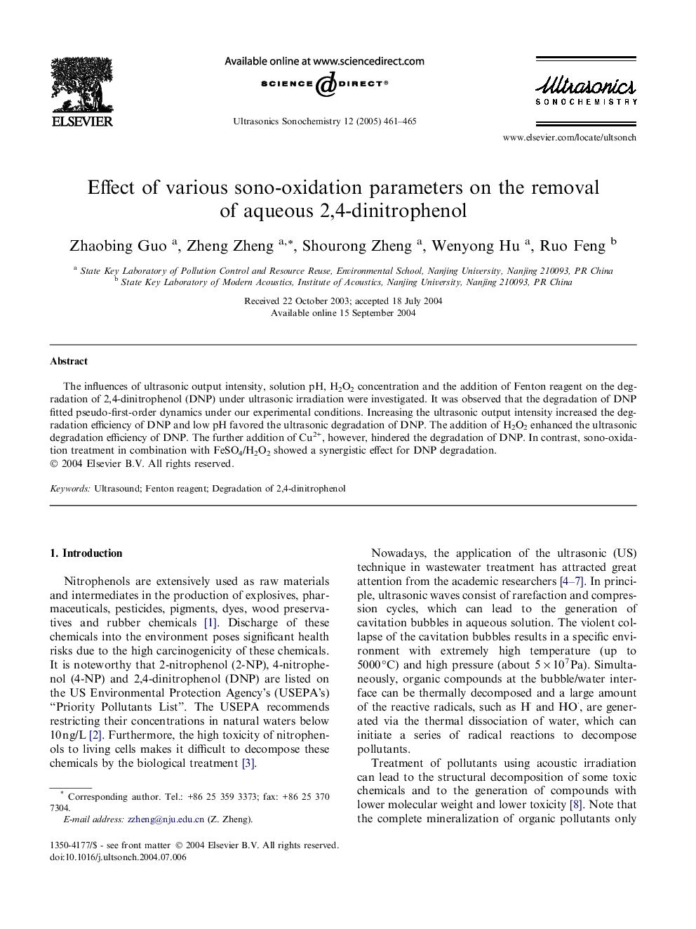 Effect of various sono-oxidation parameters on the removal of aqueous 2,4-dinitrophenol