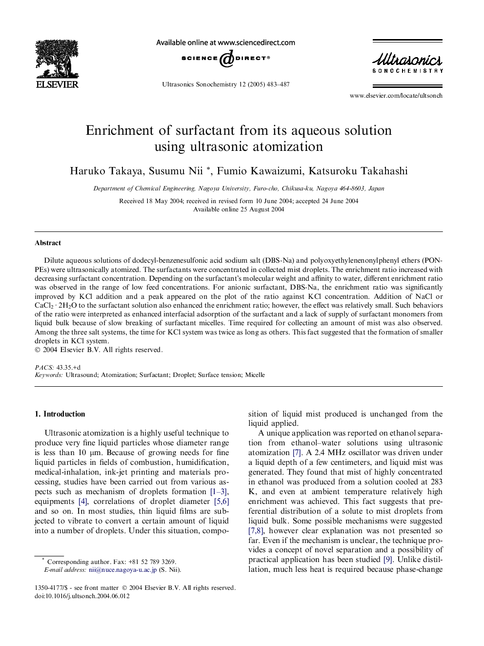 Enrichment of surfactant from its aqueous solution using ultrasonic atomization