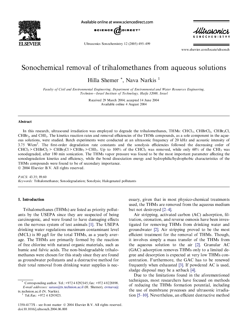 Sonochemical removal of trihalomethanes from aqueous solutions